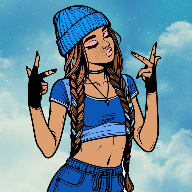 realistic teenage girl with braids and a beanie and crop top doing 🫶🏼