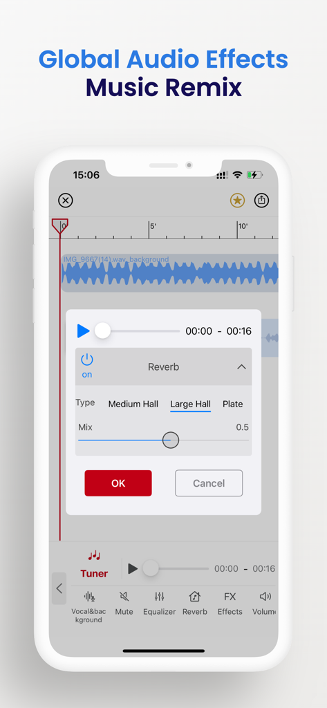 TunerLab Audio Editor - Interface do TunerLab Audio Editor mostrando configurações globais de reverb e forma de onda de áudio para remixagem de música
