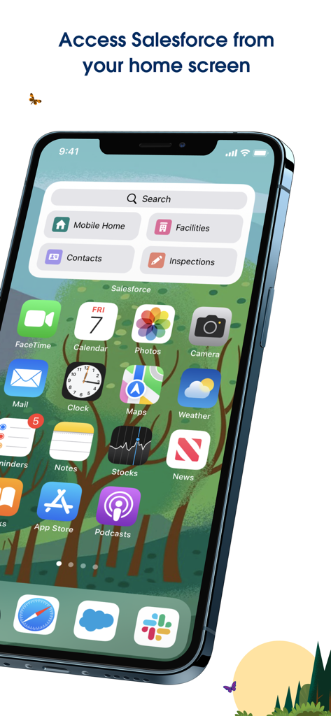 Salesforce - Salesforce app widget on an iPhone home screen showing quick access shortcuts for business tasks