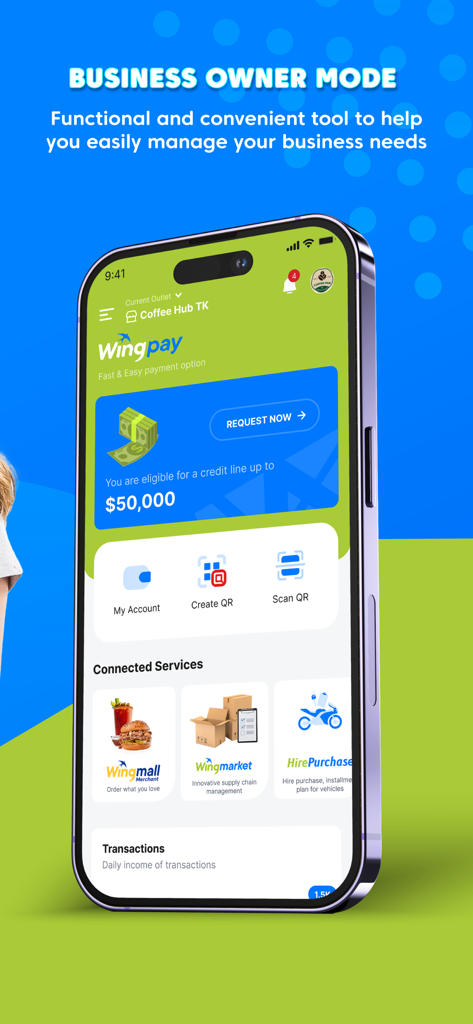 Wing Merchant - Wing Merchant app interface showing business owner mode with features for QR payments and credit line eligibility