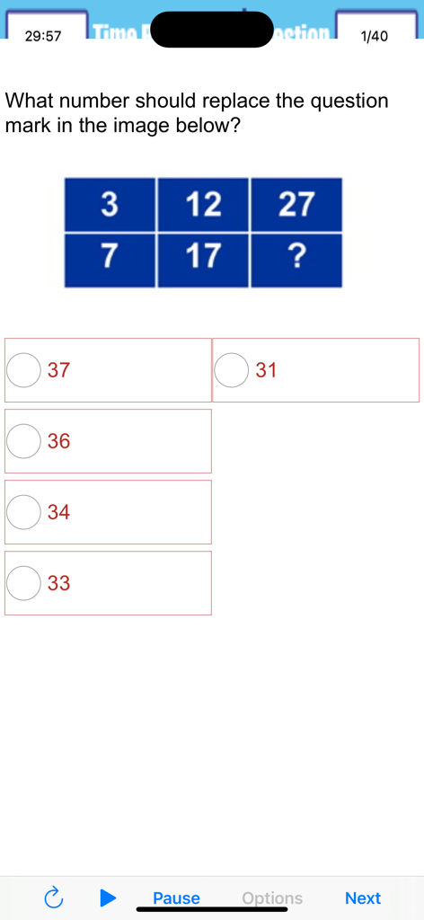 Test Your Aptitude - A numerical reasoning question in the Test Your Aptitude app showing a grid of numbers and multiple choice options.