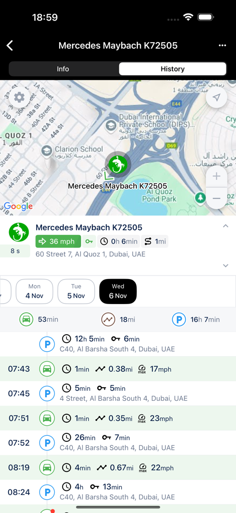GeckoTrack app interface showing vehicle location on a map and a detailed timeline of trips and parking events.