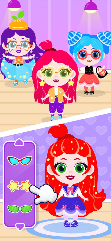 Un niño jugando un juego de salón de belleza seleccionando gafas de sol en forma de estrella para un personaje de niña caricaturizada.