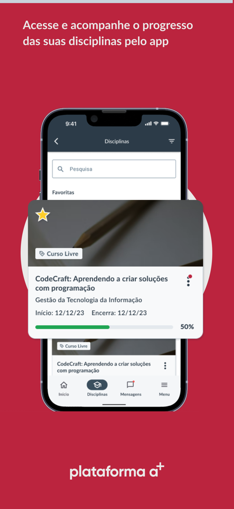 Screenshot of the Plataforma A mobile app displaying a student course dashboard with progress tracking and discipline management.