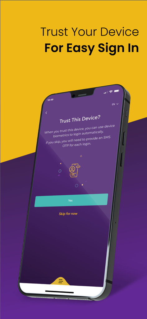 BisB Mobileアプリの画面で、ユーザーが生体認証サインインのためにデバイスを信頼するように求められています