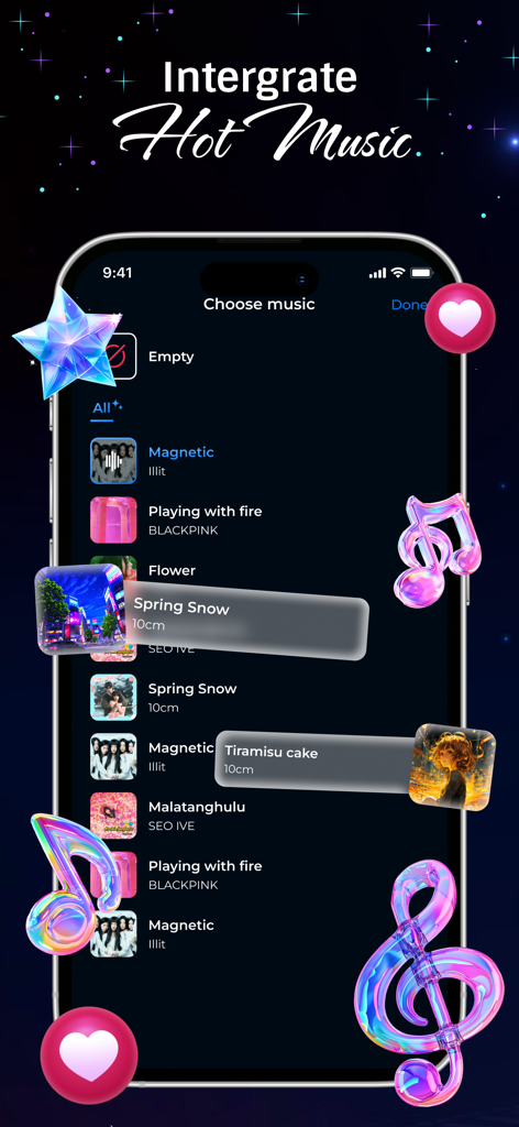 Celebrity Twin - Funny Filter - Mobile screen interface for choosing trending music tracks to accompany celebrity look-alike filter videos