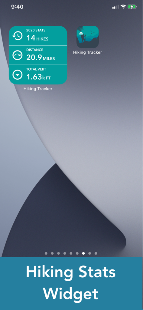 iOS home screen widget for Hiking Tracker app showing total hikes distance and vertical gain