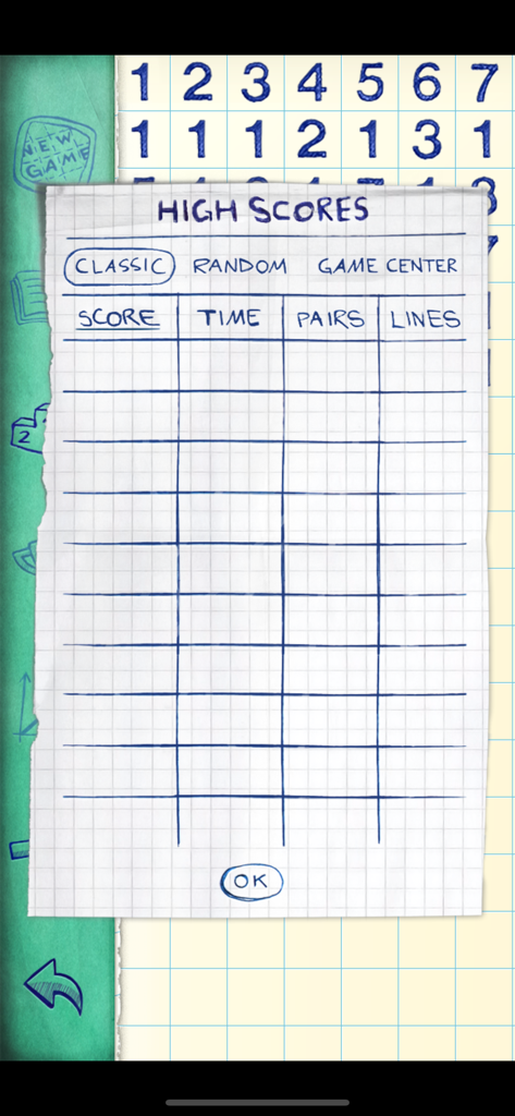 Numberama 2 - High scores leaderboard for Numberama 2 showing statistics for score, time, pairs, and lines on a hand-drawn notebook paper interface.
