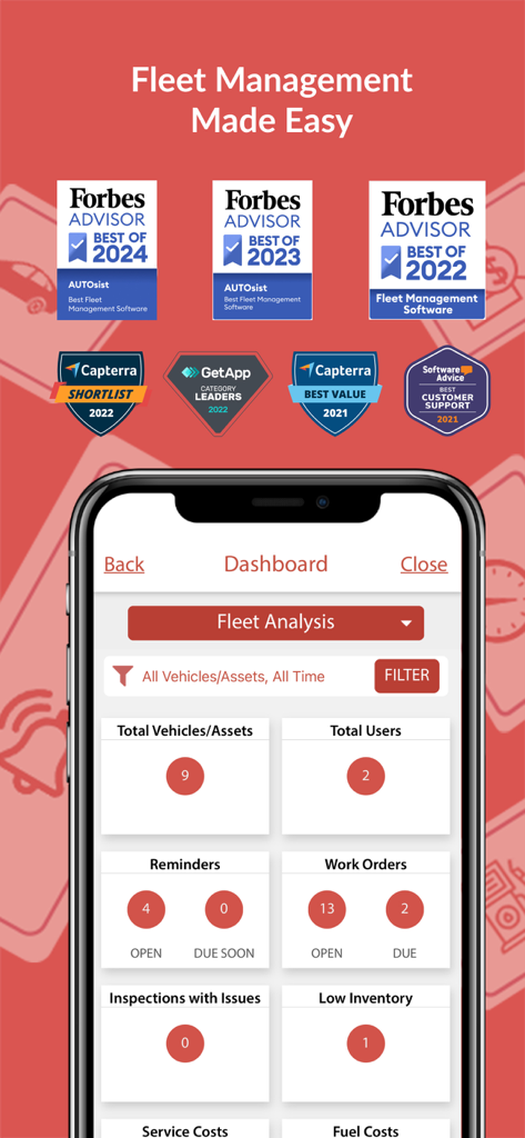 AUTOsist Fleet Management App - AUTOsist fleet management dashboard showing asset metrics and industry awards from Forbes and Capterra
