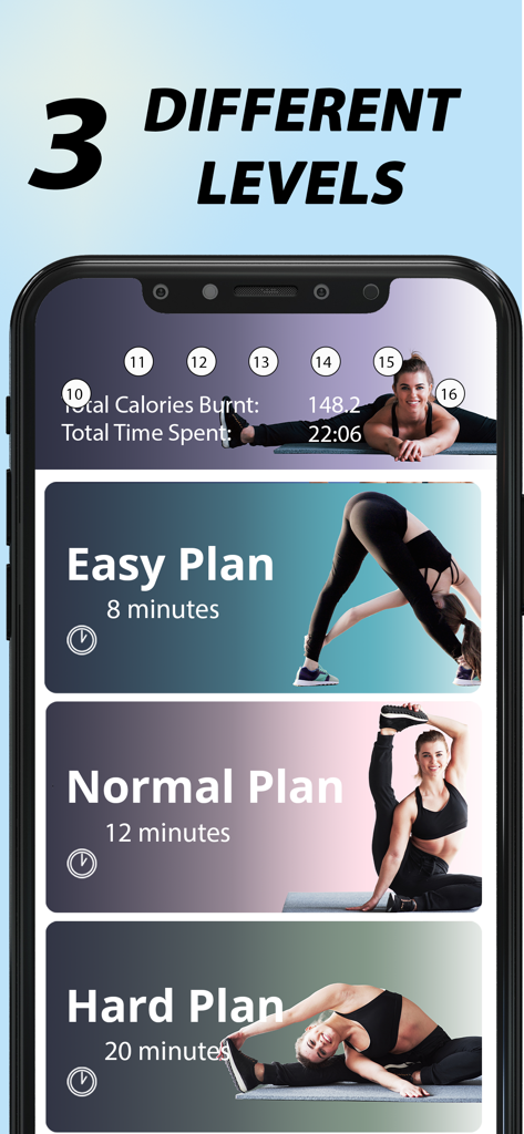 Pantalla de la aplicación móvil que muestra planes de entrenamiento fáciles, normales y difíciles para entrenamientos de splits con duraciones de tiempo.