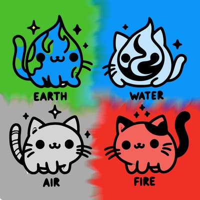 4 cats that represent the different elements, earth, water, air, and fire