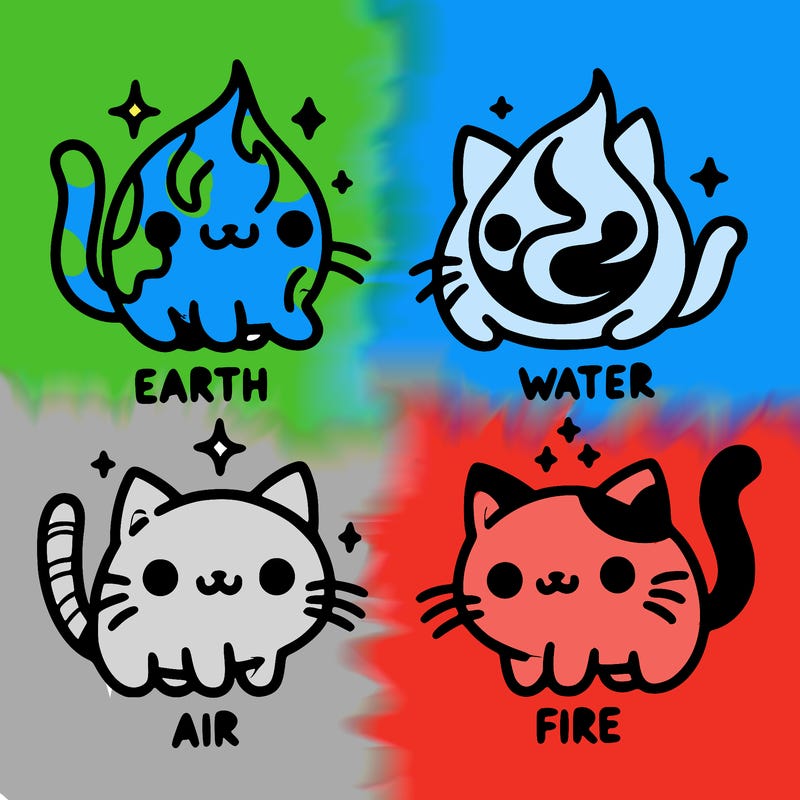 4 cats that represent the different elements, earth, water, air, and fire