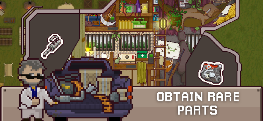 Un personaje científico de pixel art junto al maletero de un coche lleno de piezas mecánicas con el texto obtener piezas raras