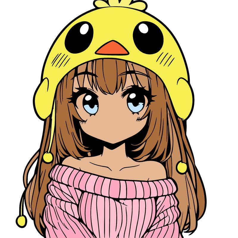 anime girl with chick shaped hat with sweater with bare shoulders with bangs covering them one eye with low tail