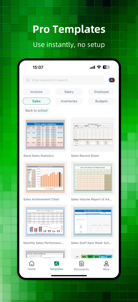 Spreadsheets Editor-Sheet View - Mobile screen showing professional spreadsheet templates for sales invoices and budgets