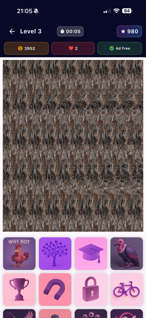 Mobile Gameplay des Stereogramm-Spiels Magic Eye, das ein verstecktes 3D-Bilderrätsel mit mehreren Auswahl-Symbolen zeigt