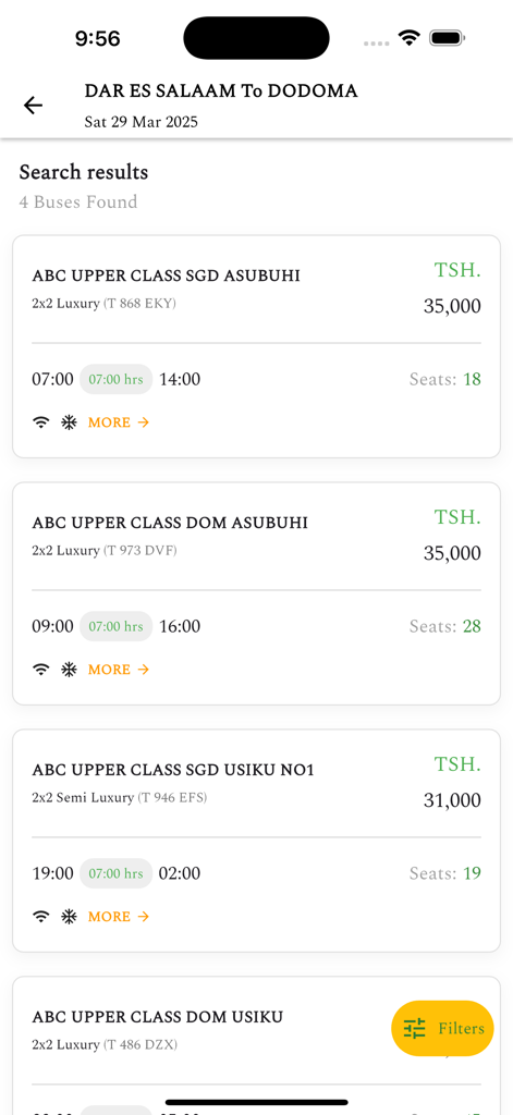 Abc Upper Class Bus - Mobile app screen showing bus search results for Dar Es Salaam to Dodoma with luxury bus schedules and ticket prices