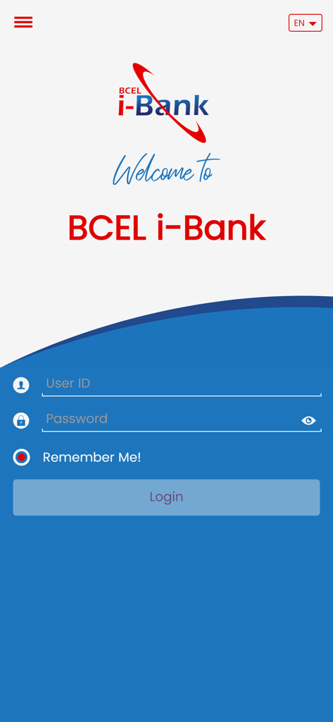 BCEL i-Bank mobile app login screen with fields for User ID and Password