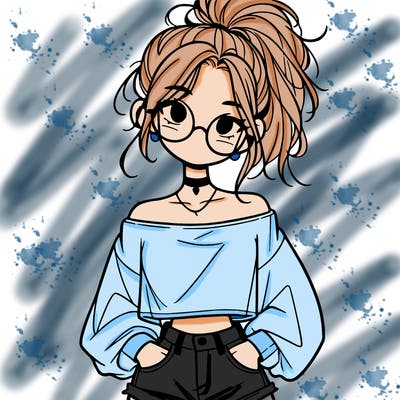 girl with a messy ponytail glasses a baggy crop top and jean shorts