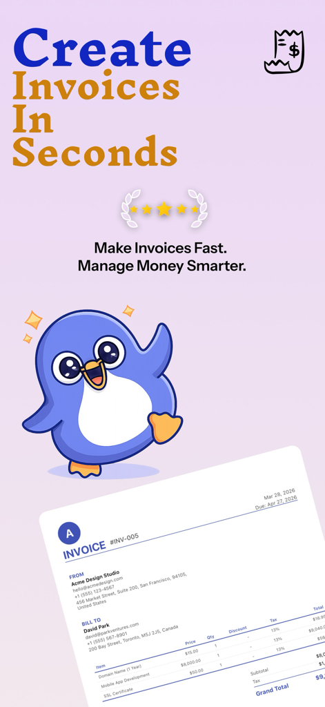 Invoice Maker Estimate Billing - Pantalla de marketing para la aplicación Creador de Facturas que muestra una plantilla de factura profesional y una simpática mascota pingüino