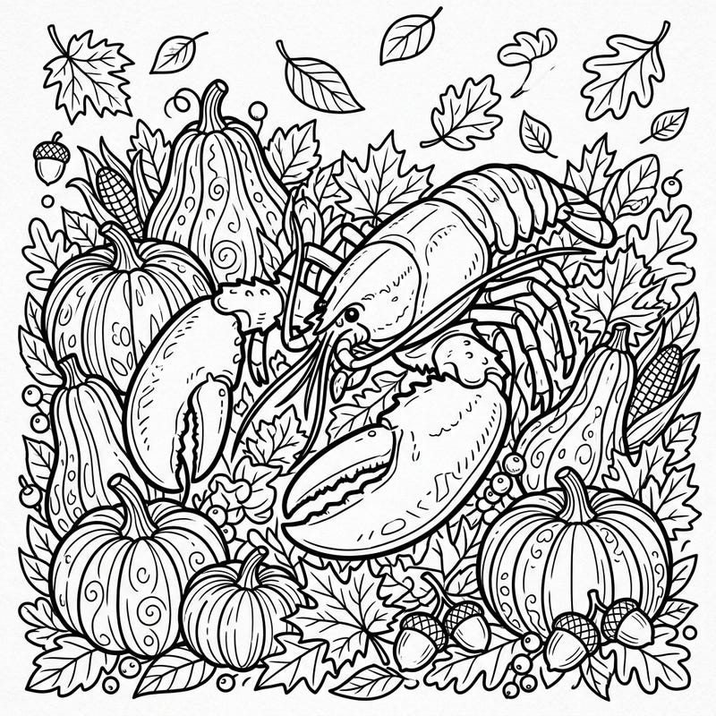 Celebrate the bounty of autumn with this unique coloring page featuring a majestic American Lobster amidst a rich fall harvest. Discover a delightful scene packed with pumpkins, leaves, and seasonal gourds, perfect for a cozy coloring session.
