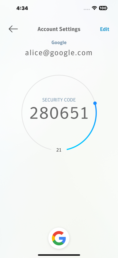 VIP Access for iPhone - Bildschirm für Authenticator-Sicherheitscodes in der VIP Access App für ein Google-Konto