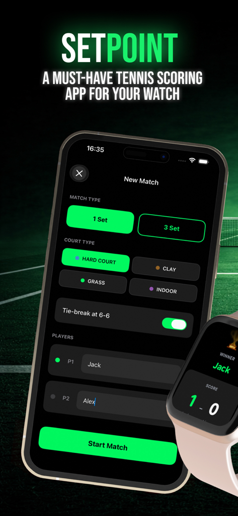 La app de tenis SetPoint mostrando la configuración del partido en un iPhone y un resumen de puntuación en un Apple Watch