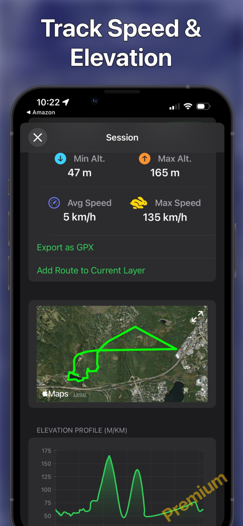 Route Planner - GPS MGRS UTM - App interface displaying speed and elevation tracking stats with a route map and elevation profile
