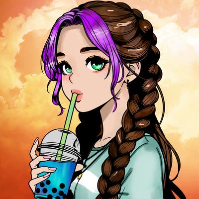 realistic girl with braided hair drinking boba