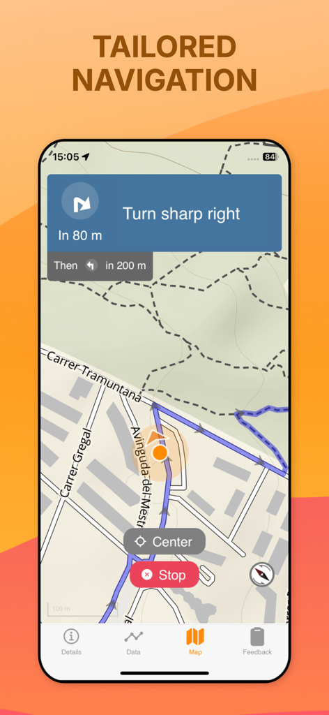 GUIBO - Aplicativo GUIBO mostrando navegação GPS personalizada com instruções de navegação curva a curva em um mapa.