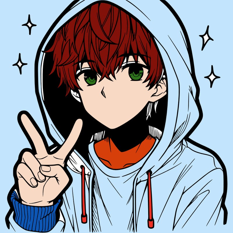 teenage manga boy in a hoodie, doing ✌