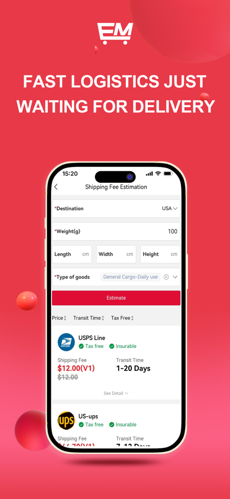 Eastmallbuy - Interface do aplicativo móvel Eastmallbuy mostrando a estimativa da taxa de envio para logística internacional e prazos de entrega para os EUA