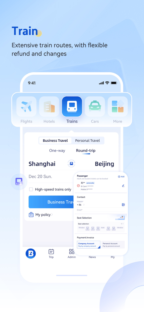 BizTravel-TMC experts - Interface de l'application BizTravel affichant la réservation de billets de train à grande vitesse de Shanghai à Pékin pour les voyageurs d'affaires.