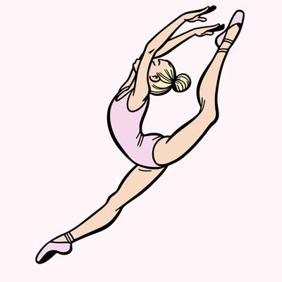 gymnast doing a leap in a leotard with a bent back leg