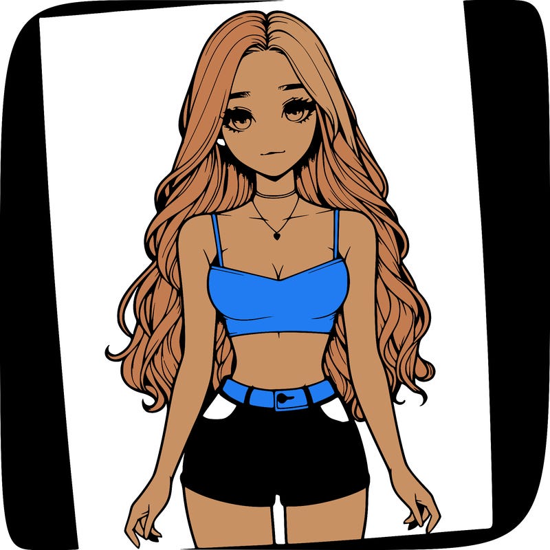 a realistic girl with long hair and in a crop top and shprts