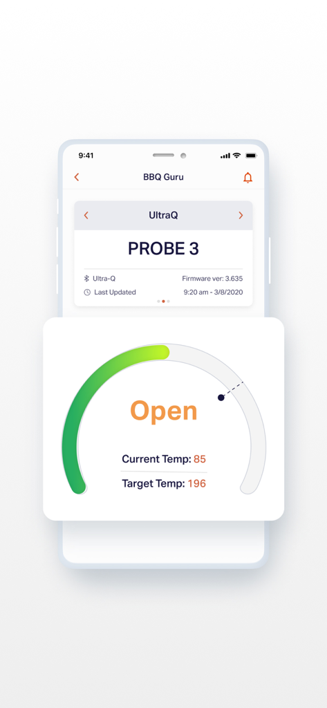 BBQ Guru - BBQ Guru mobile app interface showing real-time temperature monitoring and target heat levels for a charcoal smoker probe