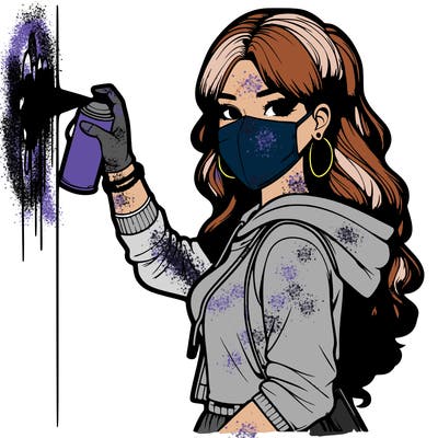 realistic girl with mask spray painting a wall