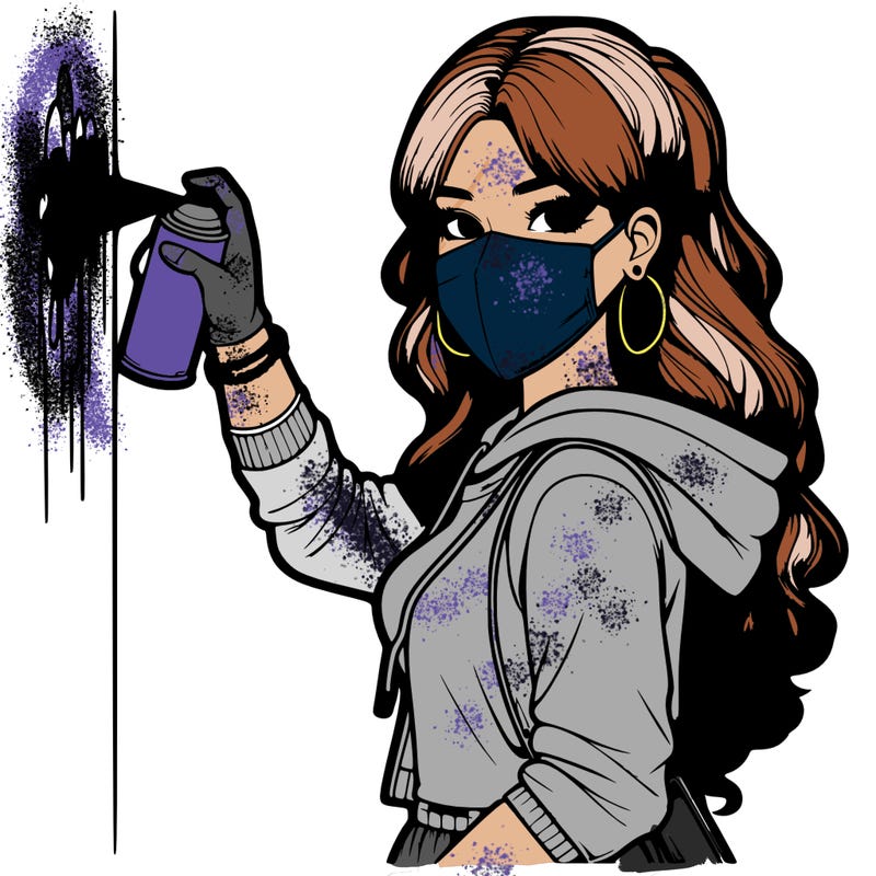 realistic girl with mask spray painting a wall