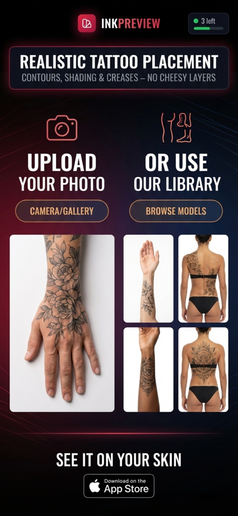 Tattoo AI Designer InkPreview - Interface do aplicativo InkPreview mostrando o posicionamento realista de tatuagens em modelos de braço e costas