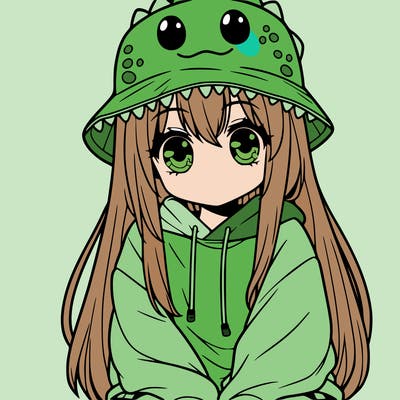 girl with anime shaped eyes with a dinosaur bucket hat oversized sweatshirt long straight hair