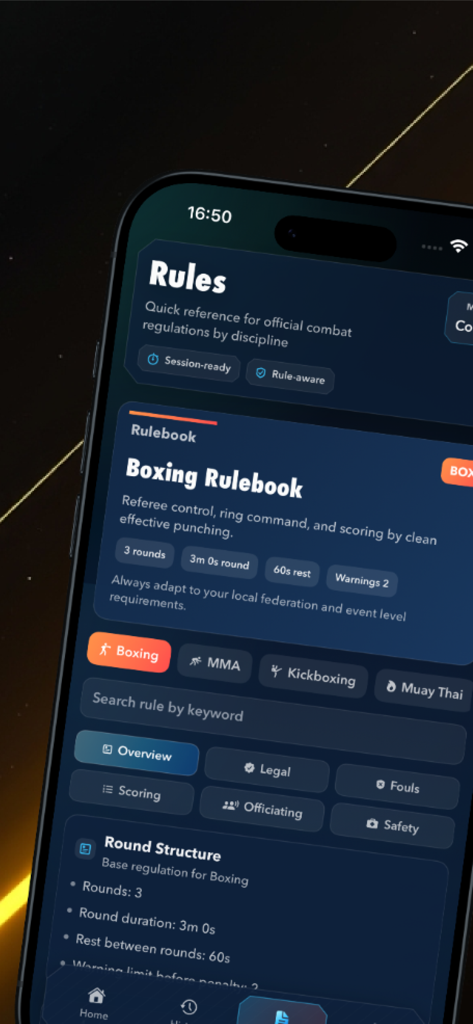 Digital boxing rulebook interface on the How to KO app showing round duration and rest periods