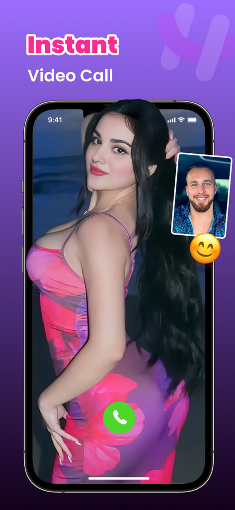 A mobile phone screen showing an instant video call between two people on the Hugo app