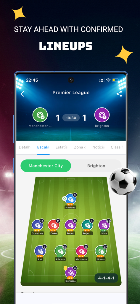 FutBR - futebol Ao Vivo - Interfaccia dell'app mobile che mostra le formazioni confermate delle partite di calcio e le posizioni dei giocatori sul campo