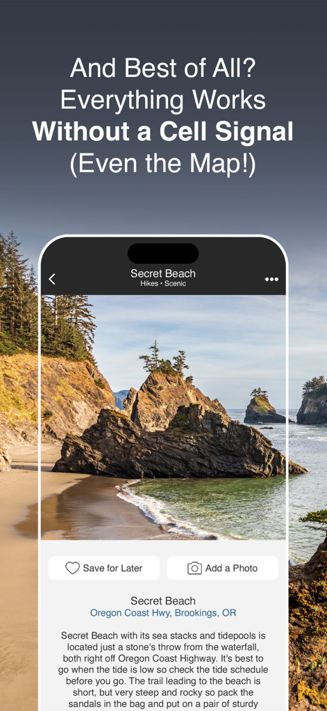 Oregon Coast Offline Guide - Screenshot dell'app Oregon Coast Offline Guide che mostra una foto e una descrizione di Secret Beach a Brookings