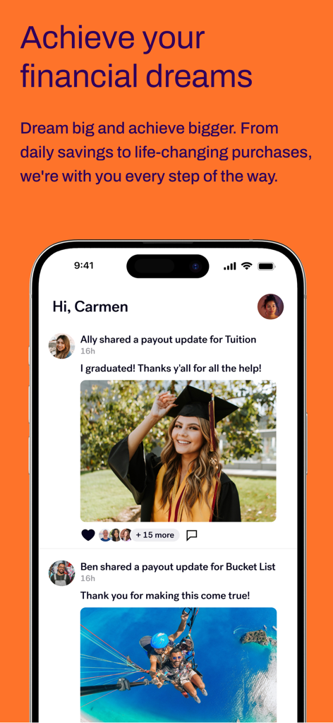 TANDA App - TANDA App screen showing social feed updates for savings goals like graduation and travel