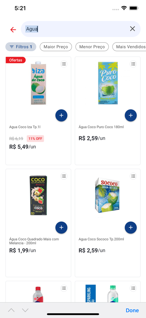 Search results for coconut water in the Shibata Supermercados mobile app showing product prices