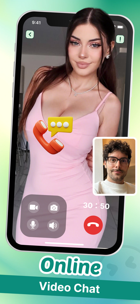 Nosia - Voice Chat，Online Chat - A smartphone screen displaying the online video chat interface of the Nosia app showing a man and a woman in a video call.