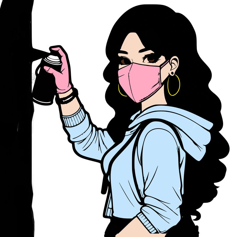 realistic girl with mask spray painting a wall