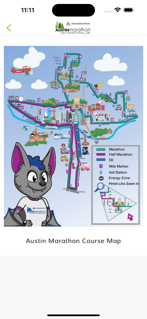 Austin Marathon® - Illustrated course map for the Austin Marathon Half Marathon and 5k with mile markers and aid stations