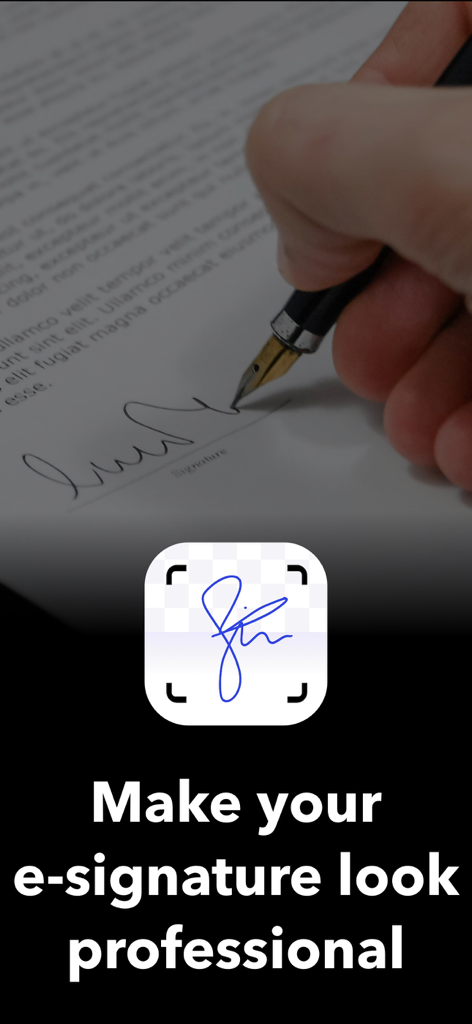 ZipSign: Signature Maker - A hand signing a paper document with a fountain pen next to a digital scan of a signature with the text Make your e-signature look professional